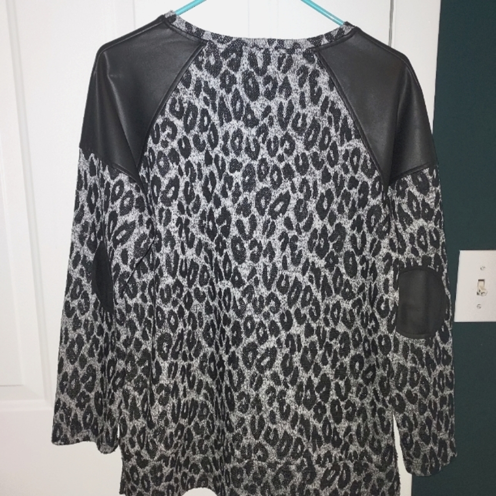 Boutique Style Leapard Sweater with Faux Leather Patches